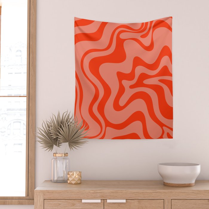 Groovy Retro Liquid Swirl Abstract Pattern in Bold Double Orange Wall Tapestry Gallery Image 2