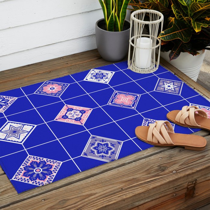 Talavera Mexican Tile - Pink & Periwinkle Palette Outdoor Rug Gallery Image 2
