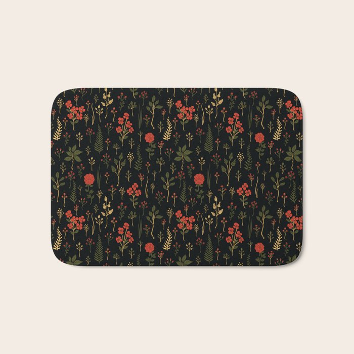 Green, Red-Orange, and Black Floral/Botanical Print Bath Mat Gallery Image 1