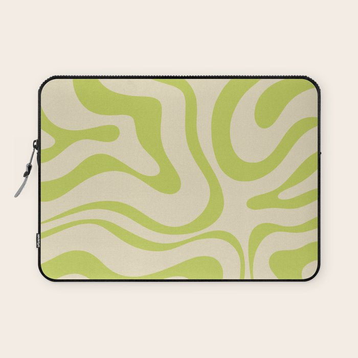 Modern Liquid Swirl Abstract Pattern Light Lime Linden and Beige Laptop Sleeve Gallery Image 1