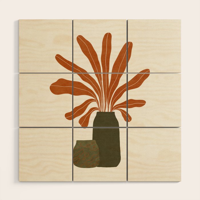 Two Green Vases & Orange Plant Wood Wall Art Gallery Image 1