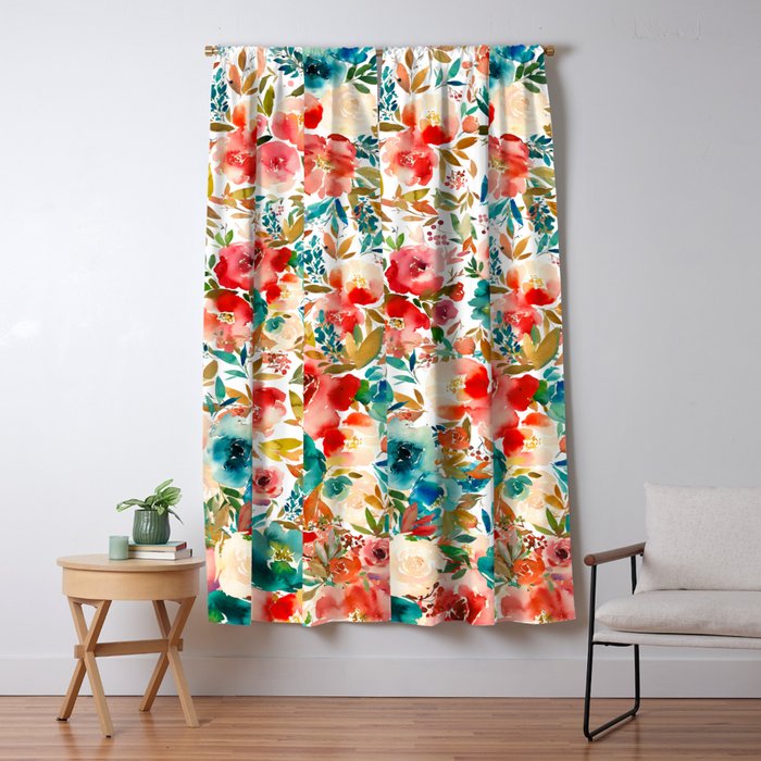 Red Turquoise Teal Floral Watercolor Window Curtain Gallery Image 1
