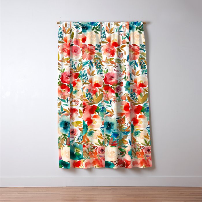Red Turquoise Teal Floral Watercolor Window Curtain Gallery Image 3