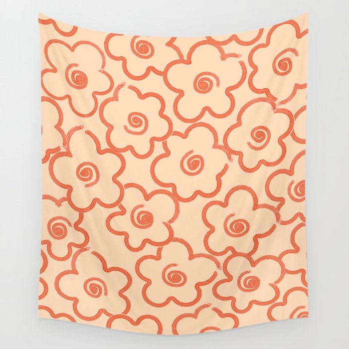 Flower Doodles in Orange & Peach Fuzz Wall Tapestry Gallery Image 1