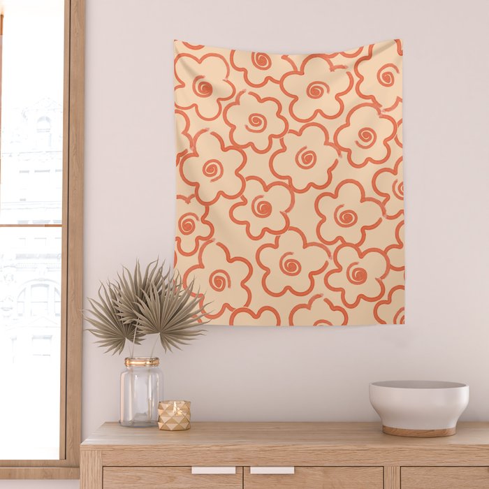 Flower Doodles in Orange & Peach Fuzz Wall Tapestry Gallery Image 2