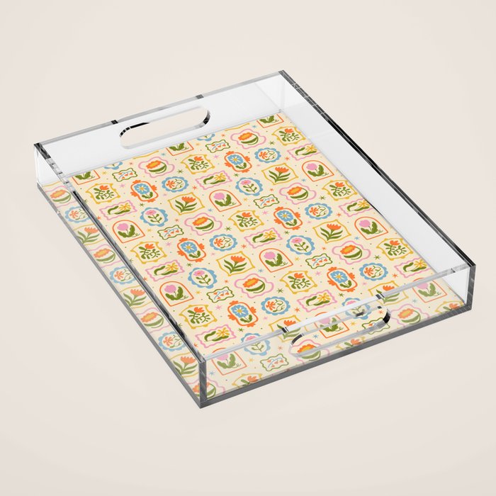 Colorful retro flower art frame art pattern Acrylic Tray Gallery Image 1