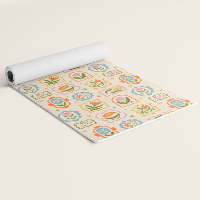 Colorful retro flower art frame art pattern Yoga Mat Gallery Image 2