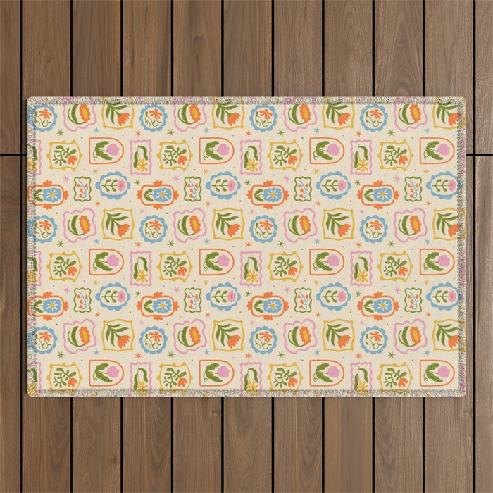 Colorful retro flower art frame art pattern Outdoor Rug Gallery Image 1