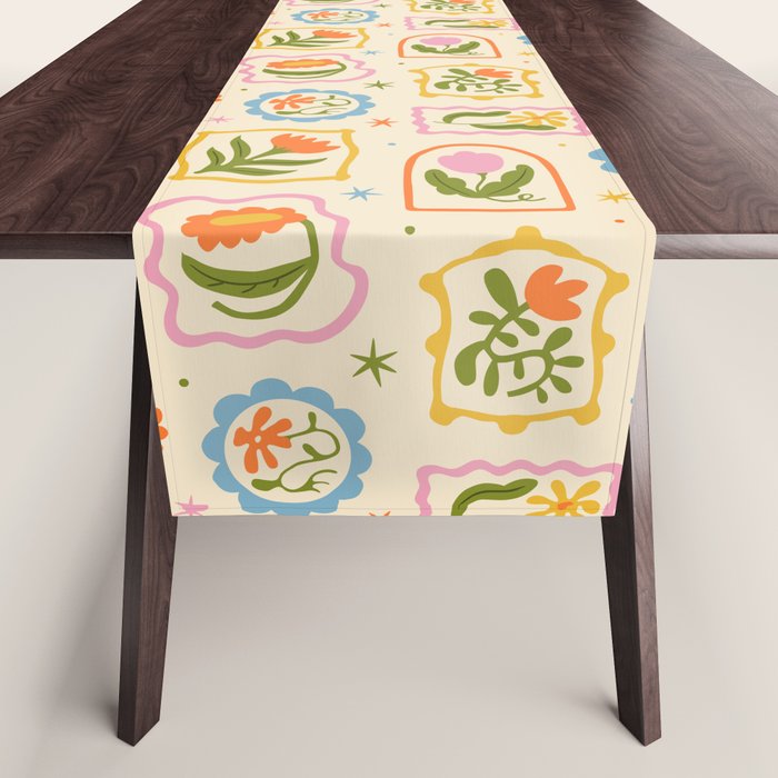 Colorful retro flower art frame art pattern Table Runner Gallery Image 1