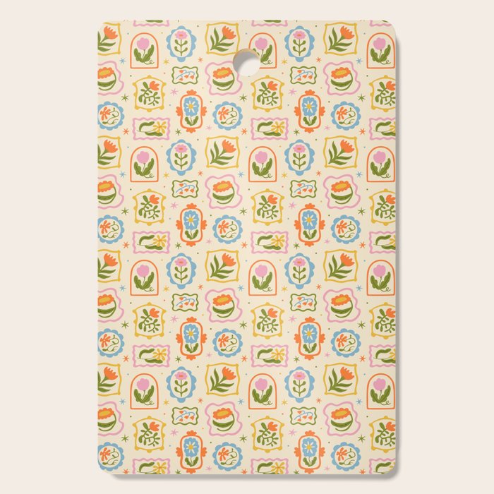 Colorful retro flower art frame art pattern Cutting Board Gallery Image 1
