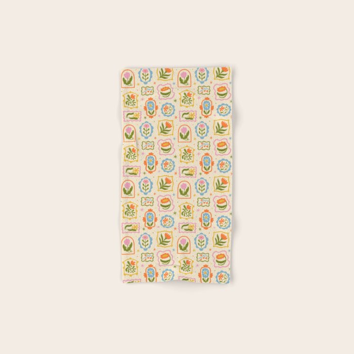 Colorful retro flower art frame art pattern Bath Towel Gallery Image 1