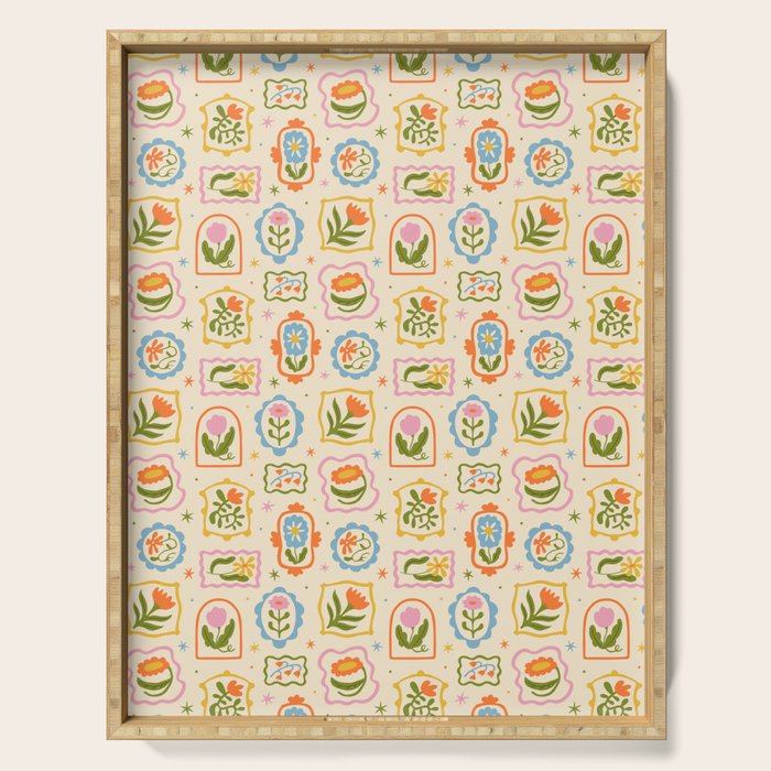 Colorful retro flower art frame art pattern Serving Tray Gallery Image 1