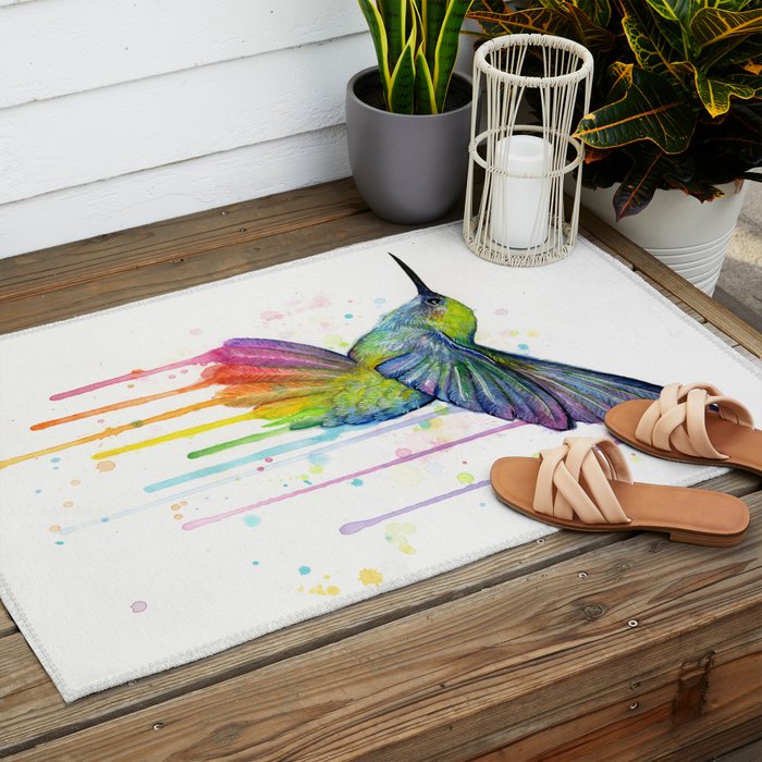 Hummingbird Rainbow Watercolor Outdoor Rug Gallery Image 2
