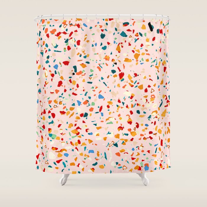 Blush Terrazzo | Pink Eclectic Speckles | Abstract Confetti Painting | Chic Bohemian Illustration Shower Curtain Gallery Image 1