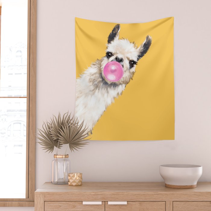 Bubble Gum Sneaky Llama in Yellow Wall Tapestry Gallery Image 2
