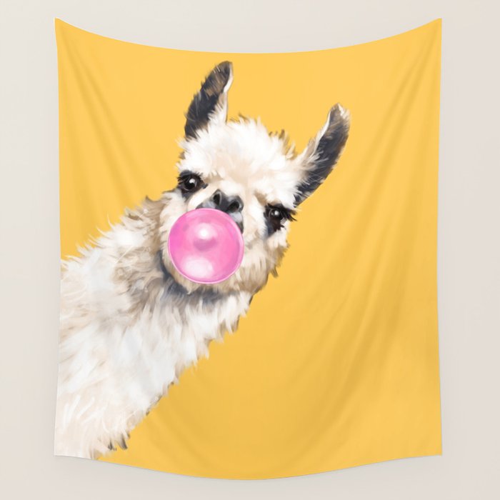 Bubble Gum Sneaky Llama in Yellow Wall Tapestry Gallery Image 4