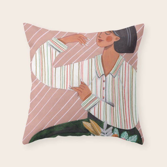 Woman in stripes bright colours listen music Throw Pillow Gallery Image 6