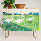 White Egrets in a Rice Field Watercolor Illustration Credenza Gallery Image 1