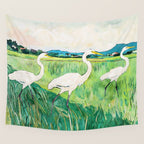 White Egrets in a Rice Field Watercolor Illustration Wall Tapestry Gallery Image 4