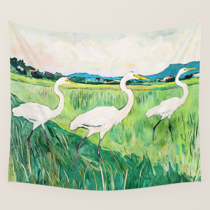 White Egrets in a Rice Field Watercolor Illustration Wall Tapestry Gallery Image 1