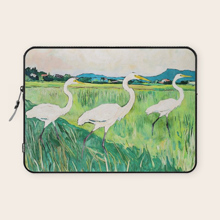 White Egrets in a Rice Field Watercolor Illustration Laptop Sleeve Gallery Image 1