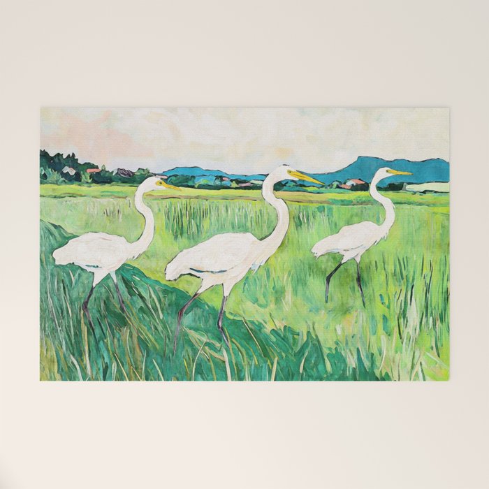 White Egrets in a Rice Field Watercolor Illustration Welcome Mat Gallery Image 1