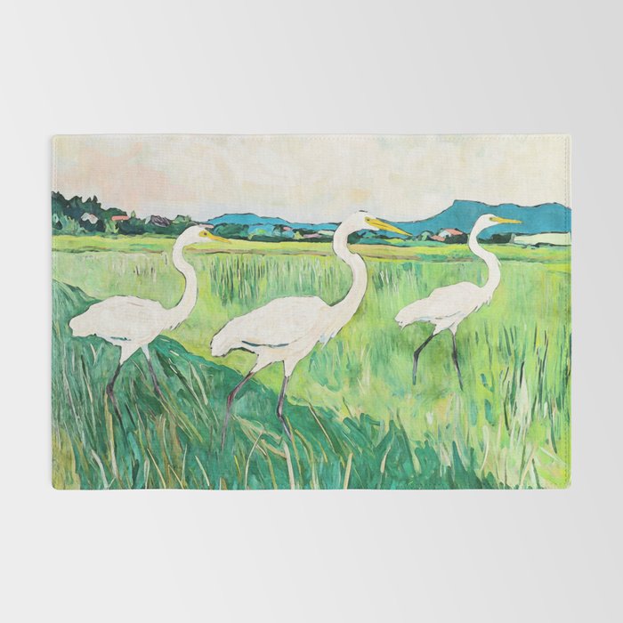 White Egrets in a Rice Field Watercolor Illustration Rug Gallery Image 2