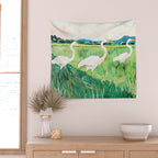 White Egrets in a Rice Field Watercolor Illustration Wall Tapestry Gallery Image 2