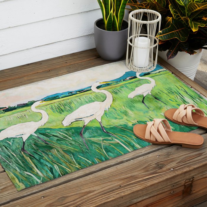 White Egrets in a Rice Field Watercolor Illustration Outdoor Rug Gallery Image 2