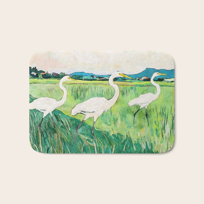 White Egrets in a Rice Field Watercolor Illustration Bath Mat Gallery Image 1