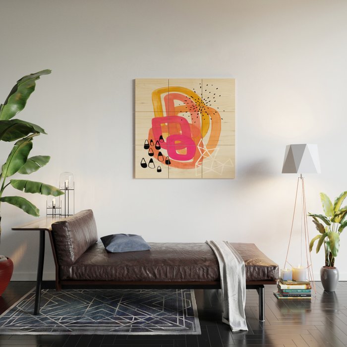 Mid Century Modern Abstract Colorful Art Ombre Magenta Yellow Circles Raindrops Geometric Pattern Wood Wall Art Gallery Image 2