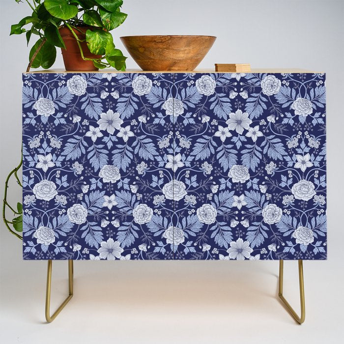 Light Blue, Cobalt Blue, & White Floral Pattern Credenza Gallery Image 1