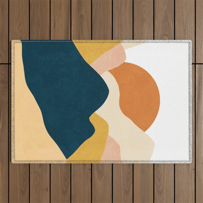 Boho sun mountain landscape in orange, yellow, blue Outdoor Rug Gallery Image 1