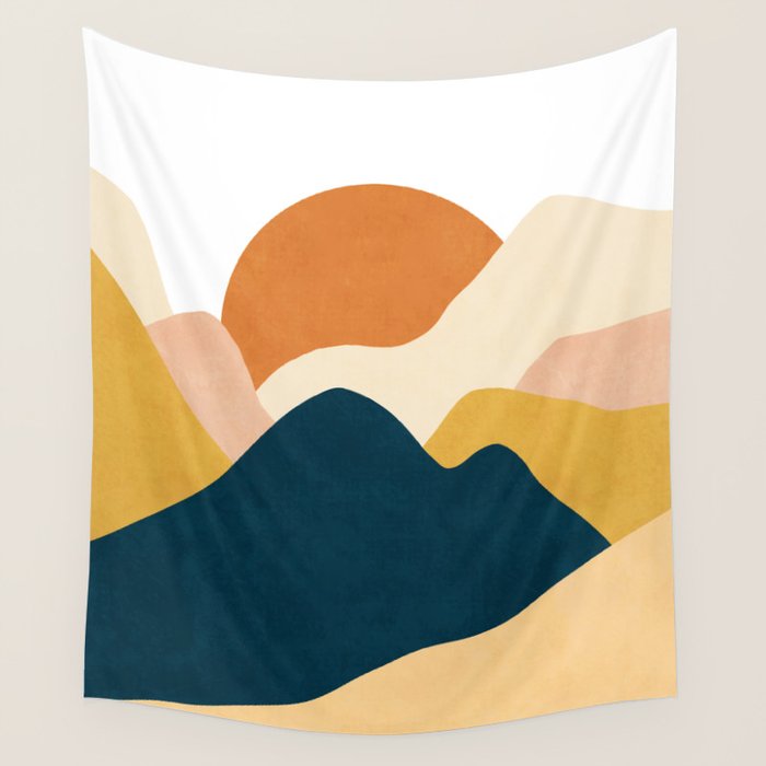 Boho sun mountain landscape in orange, yellow, blue Wall Tapestry Gallery Image 4