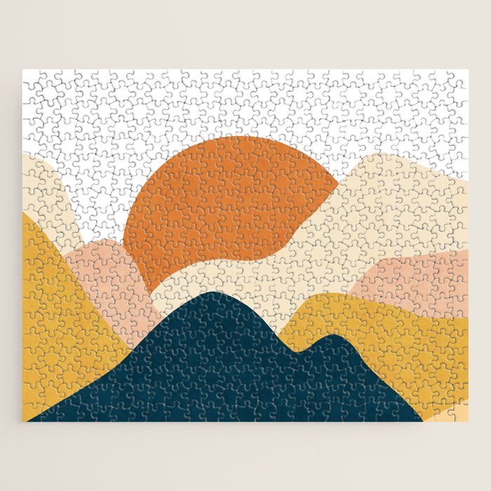 Boho sun mountain landscape in orange, yellow, blue Jigsaw Puzzle Gallery Image 1