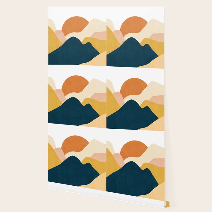 Boho sun mountain landscape in orange, yellow, blue Wallpaper Gallery Image 2