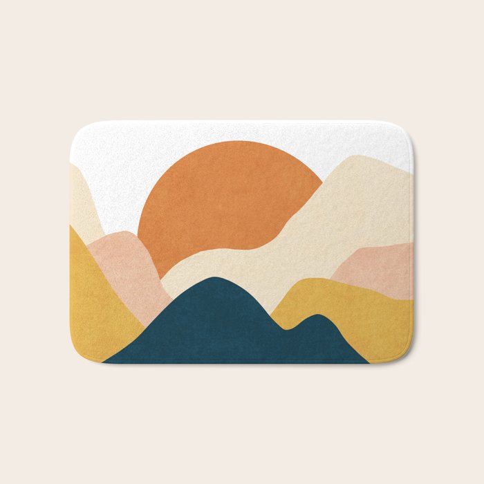 Boho sun mountain landscape in orange, yellow, blue Bath Mat Gallery Image 1