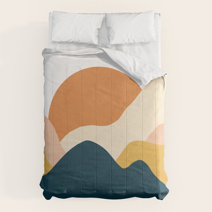 Boho sun mountain landscape in orange, yellow, blue Comforter Gallery Image 1