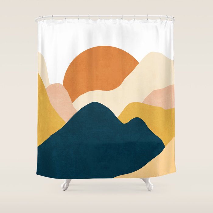 Boho sun mountain landscape in orange, yellow, blue Shower Curtain Gallery Image 1