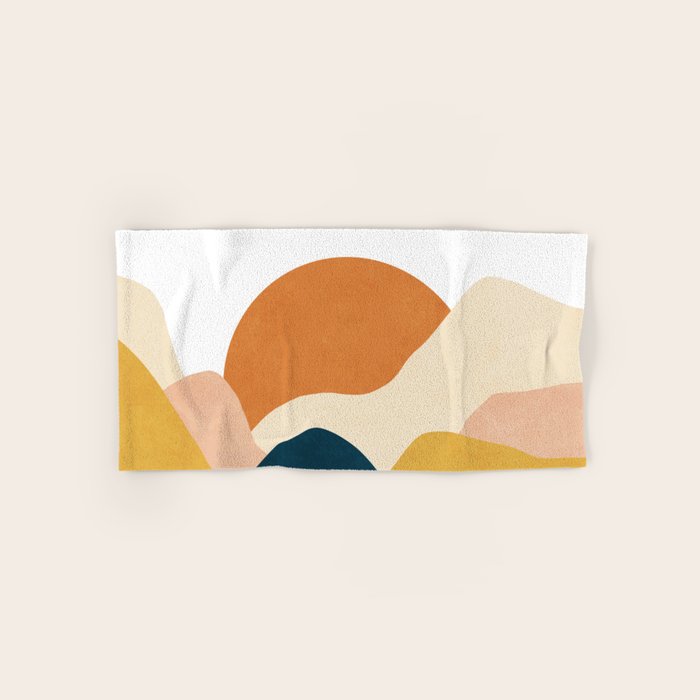 Boho sun mountain landscape in orange, yellow, blue Bath Towel Gallery Image 1