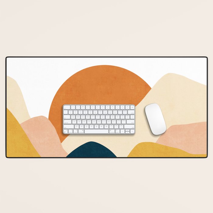 Boho sun mountain landscape in orange, yellow, blue Desk Mat Gallery Image 1