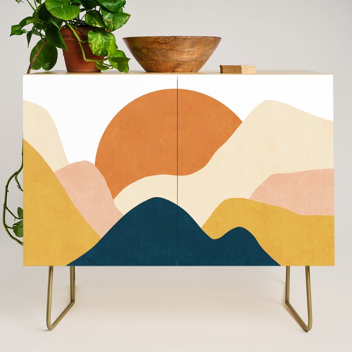 Boho sun mountain landscape in orange, yellow, blue Credenza Gallery Image 1