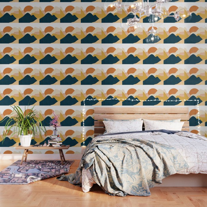 Boho sun mountain landscape in orange, yellow, blue Wallpaper Gallery Image 1