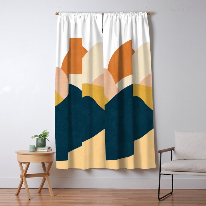 Boho sun mountain landscape in orange, yellow, blue Window Curtain Gallery Image 1