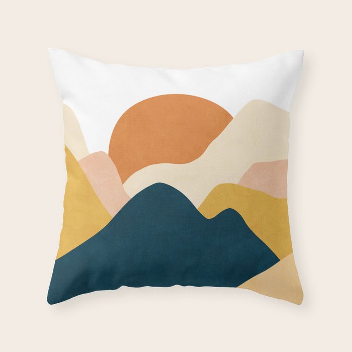 Boho sun mountain landscape in orange, yellow, blue Throw Pillow Gallery Image 6