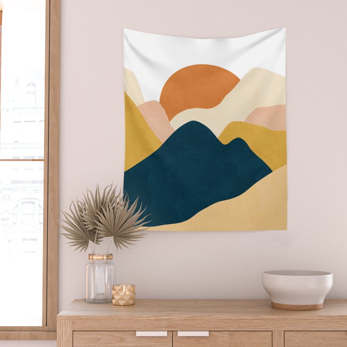 Boho sun mountain landscape in orange, yellow, blue Wall Tapestry Gallery Image 2