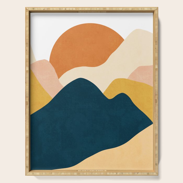 Boho sun mountain landscape in orange, yellow, blue Serving Tray Gallery Image 1