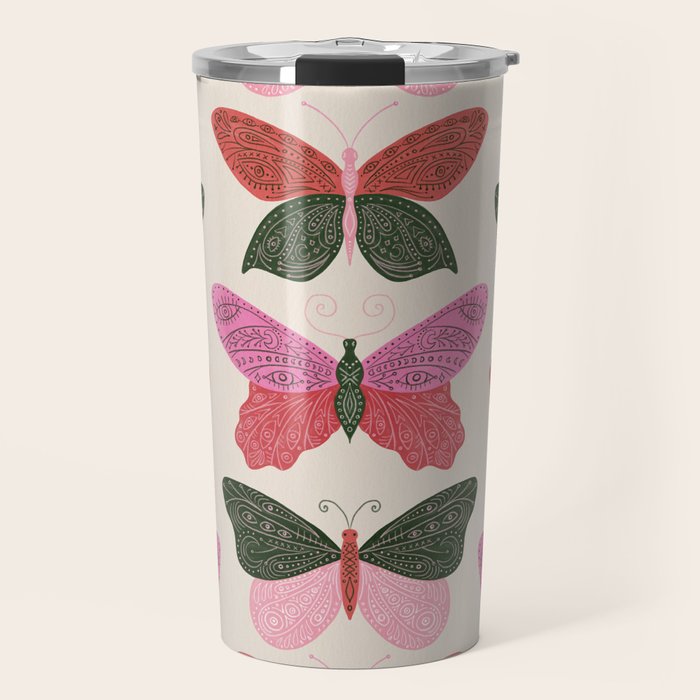Tattooed Butterflies - Pink & Green Travel Mug Gallery Image 1