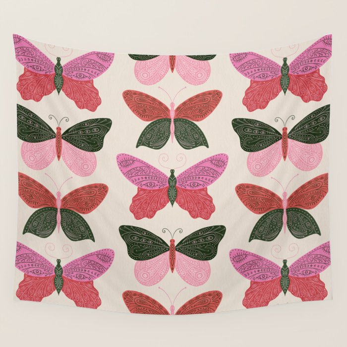 Tattooed Butterflies - Pink & Green Wall Tapestry Gallery Image 1