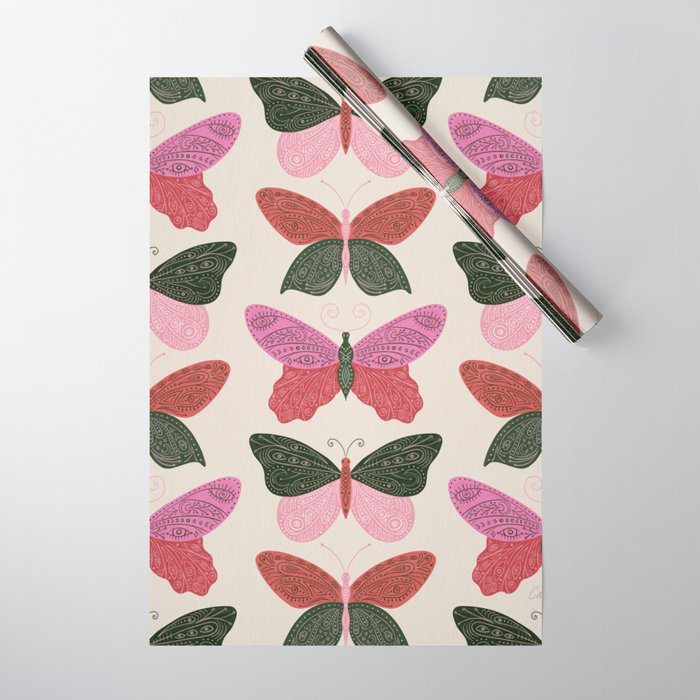 Tattooed Butterflies - Pink & Green Wrapping Paper Gallery Image 1